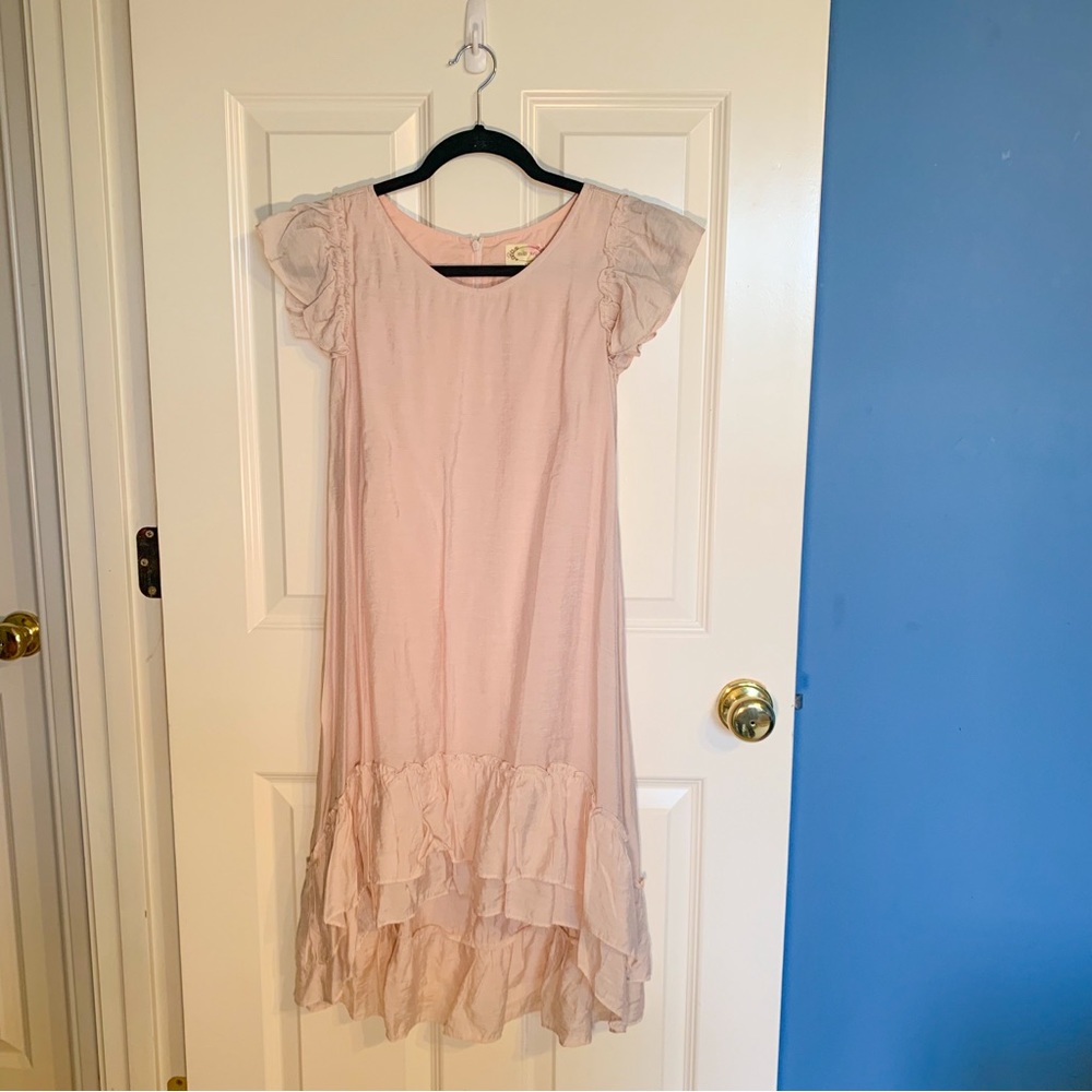 Joyfolie girls’ size 12 blush pink ruffle capped sleeve high-low dress